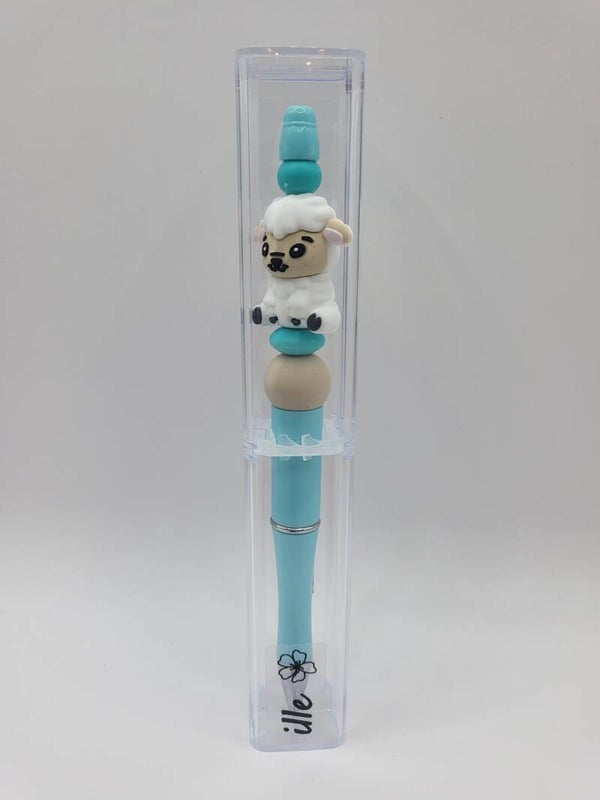 Pen met schaapje in turquoise, beige en wit.
