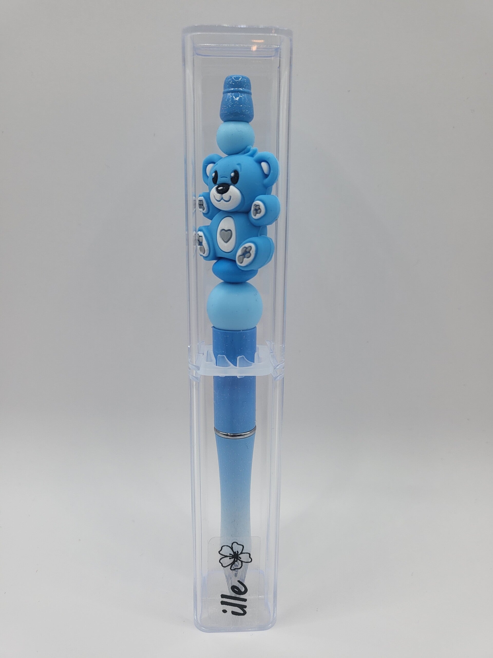 Pen met teddybeertje in kobaltblauw, zee-blauw en wit.