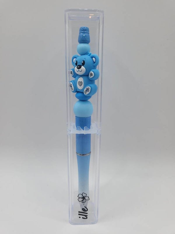 Pen met teddybeertje in kobaltblauw, zee-blauw en wit.