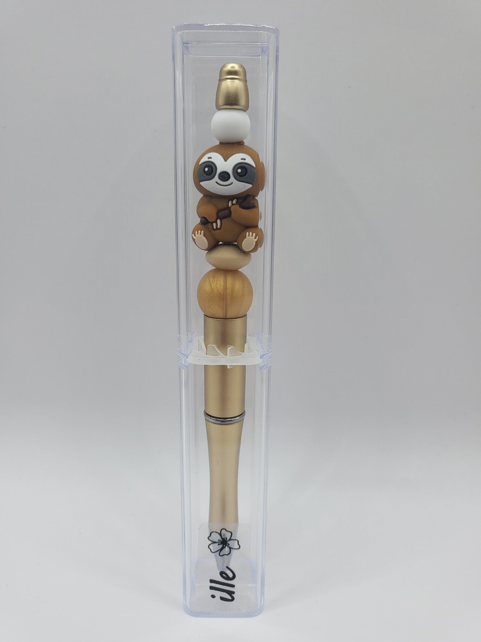 Pen met luiaard in mat-goud, beige en wit .