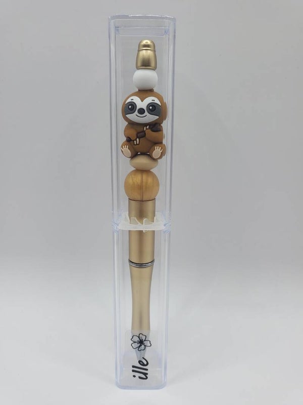 Pen met luiaard in mat-goud, beige en wit .