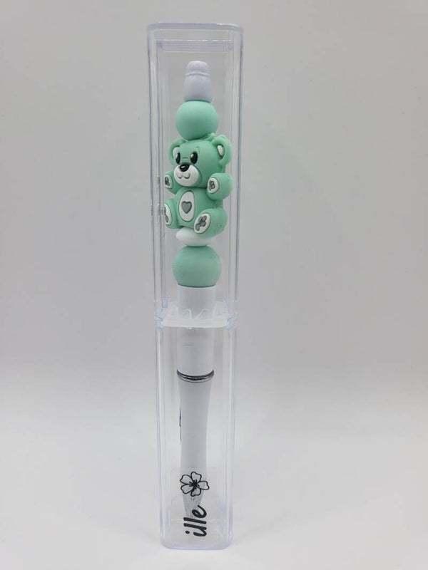 Pen met teddybeertje in mintgroen en wit.