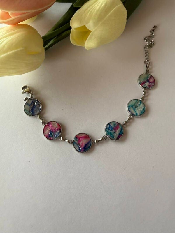 Armband; silberfarben; blau-türkis-pink