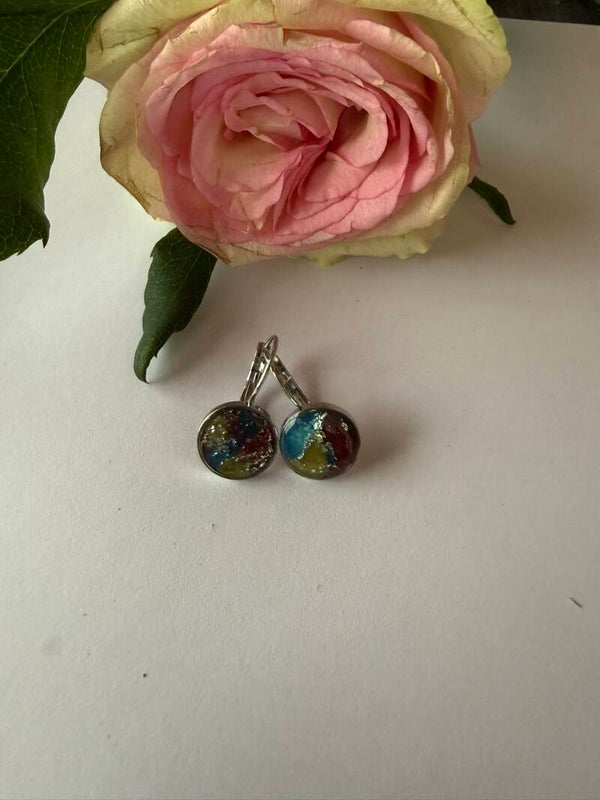 Klappverschluss Hängeohrringe 12mm; silberfarben; blau-gelb-rot