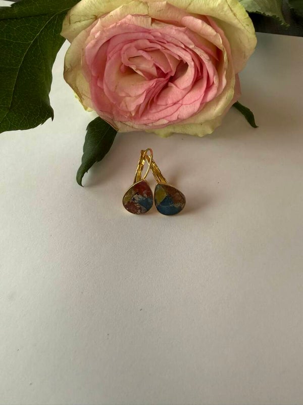 Klappverschluss Hängeohrringe 14mm; goldfarben; grün-blau-rot