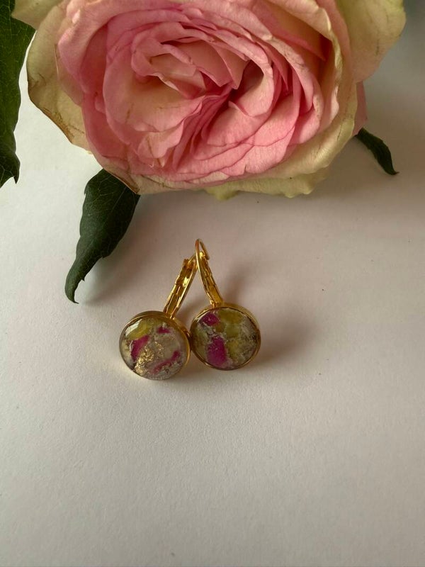 Klappverschluss Hängeohrringe 12mm; goldfarben; gelb-pink