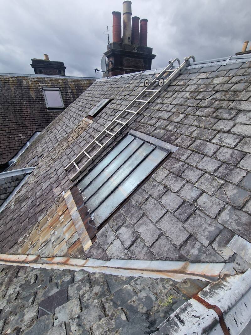 Preparing for slate roof repairs on King Street, Crieff