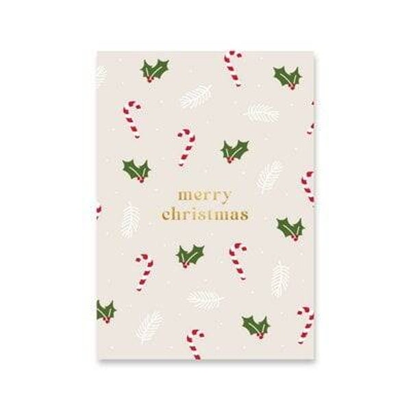Ansichtkaart | Holly leaves and candy canes | Merry Christmas