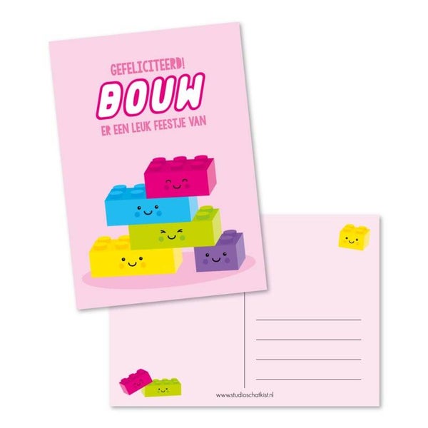 Ansichtkaart | Gefeliciteerd! BOUW er een leuk feestje van | Pink