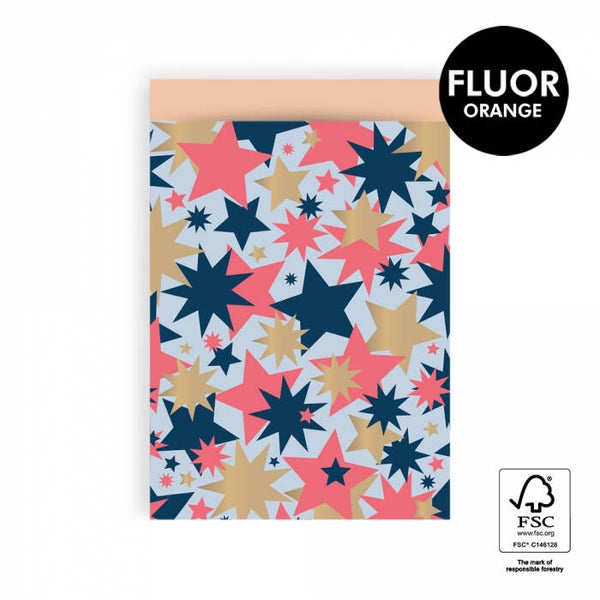 Cadeau Zakje | 17 x 25 | Big Stars | Blue Fluor Orange