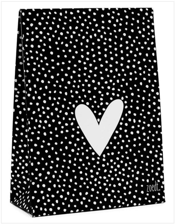 Gift Bag | Met sluitstrip | Zwart met witte dots en ♡