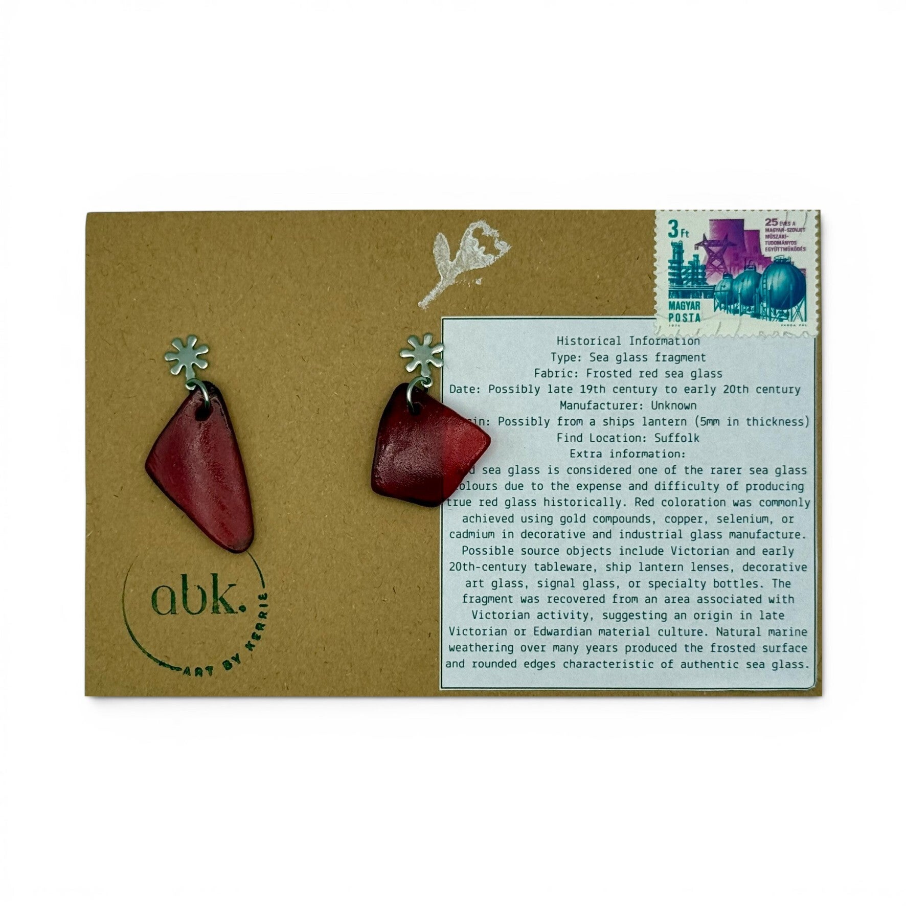 Deep Red Lantern Sea Glass Drop Stud Back Earrings
