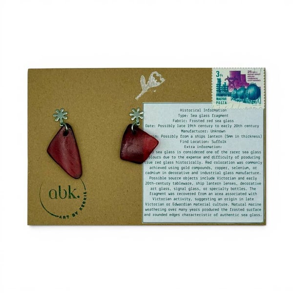 Deep Red Lantern Sea Glass Drop Stud Back Earrings