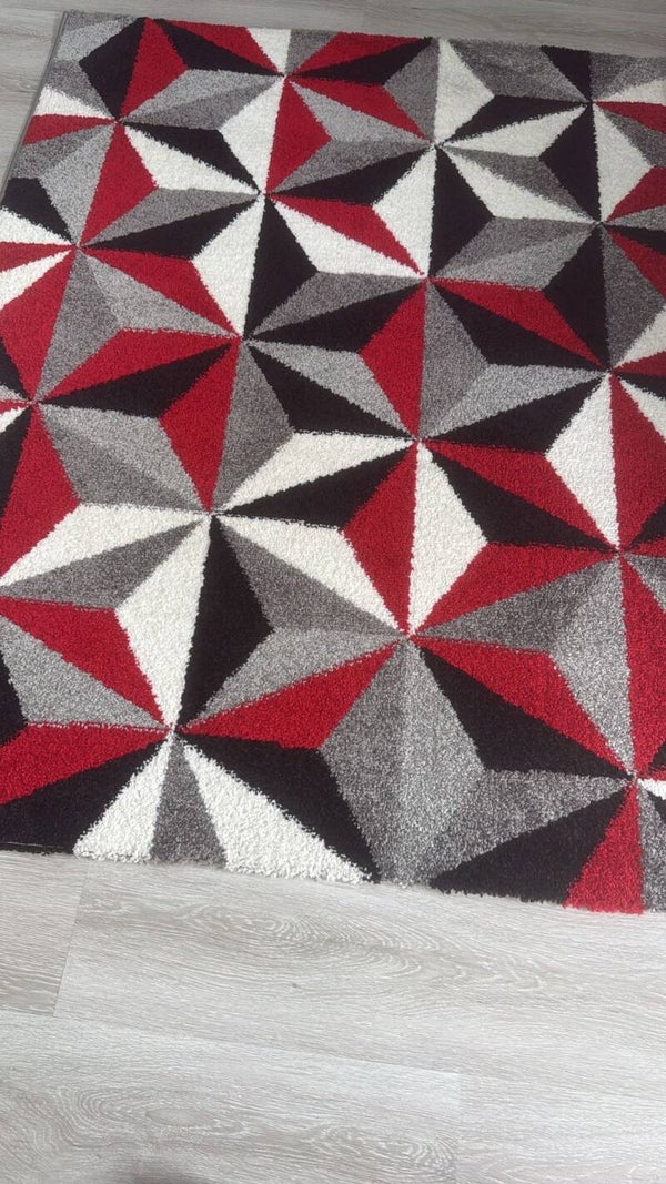 Modern Turkish Geometric Star Rug – Red, Grey & Black Polypropylene