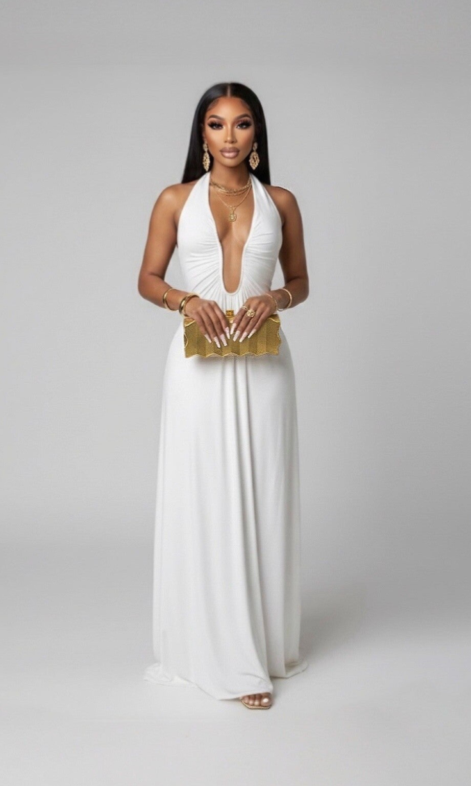 ARIA  —  Halter neck deep-plunge maxi dress - White
