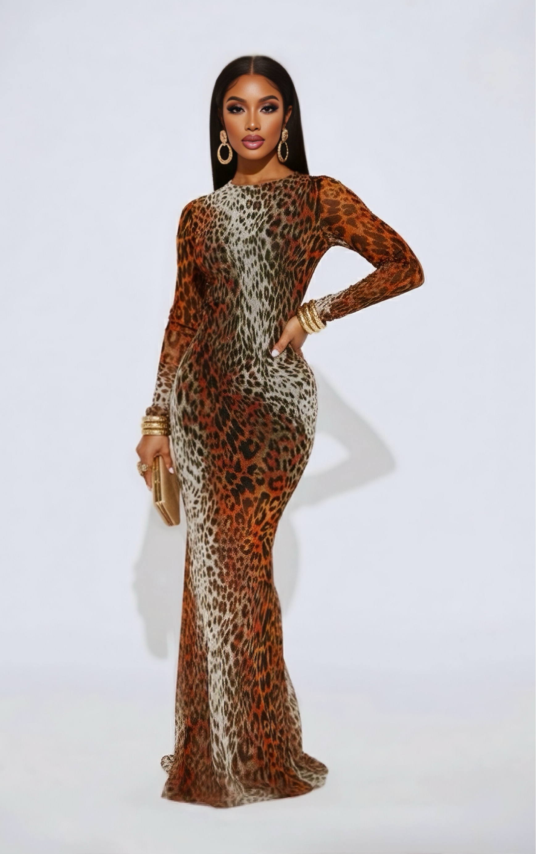 TIGARA —   leopard-print  long arm maxi dress- Leopard print/brown Combo