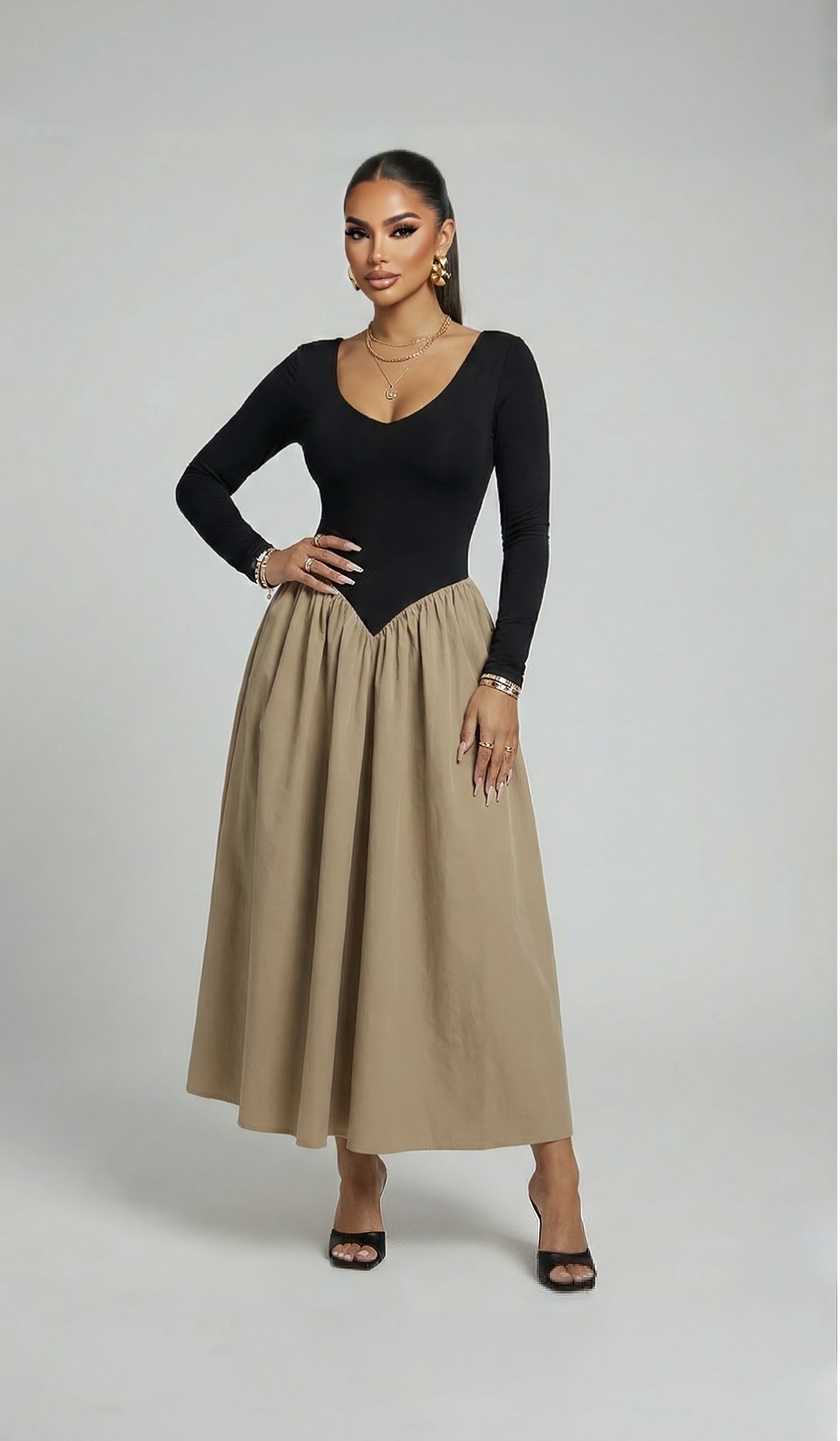 LOREA — Open Back, Long Sleeve Drop-Waist Midi Dress - Black/Tan Combo