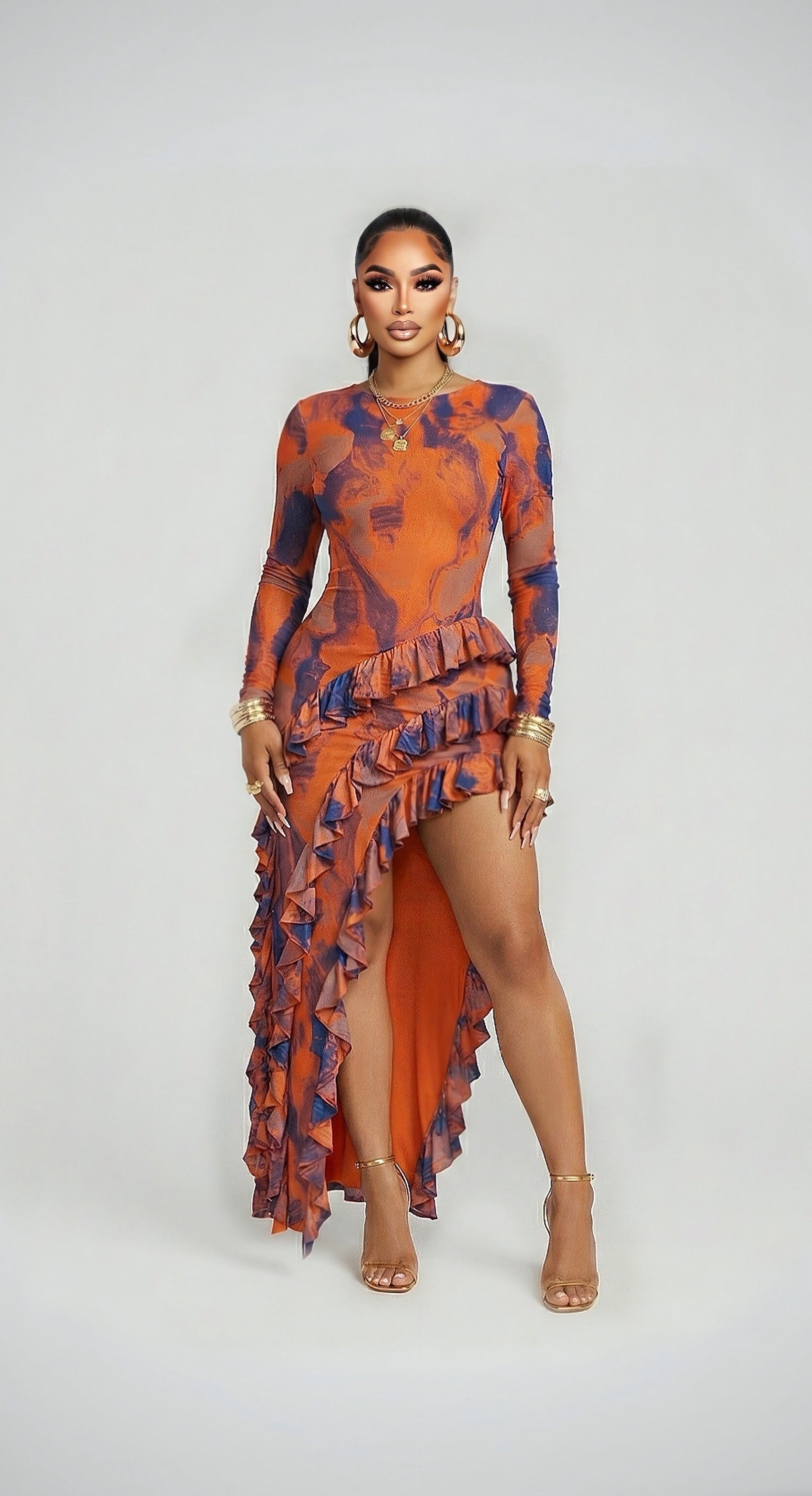 RAVELLA — Abstract Ruffle Mesh High-Slit Long Sleeve Maxi Dress – Orange/Blue Combo