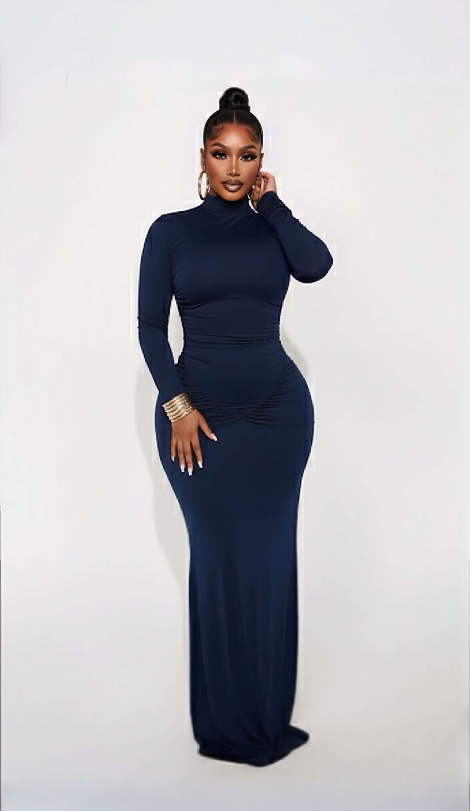 SERENE — Ruched Long Sleeve Open Back gown Maxi Dress - Navy blue Teal.