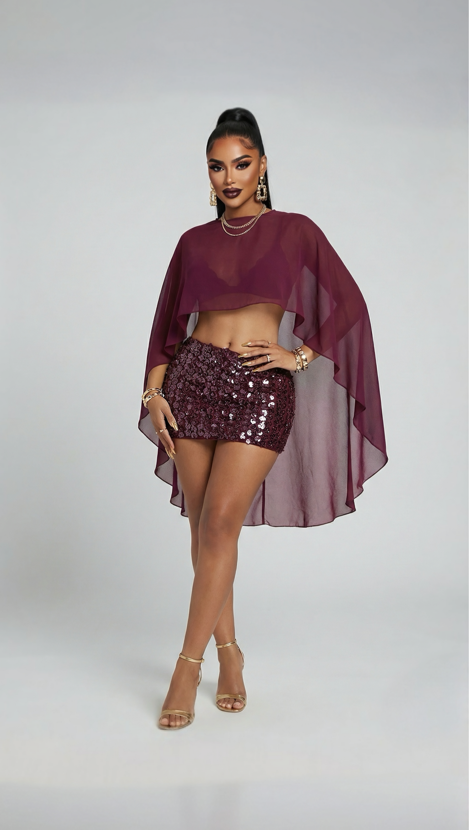 MARVELLE — Chiffon Sheer Cape Top & Embellished Sequin Mini Skirt Set - Burgundy