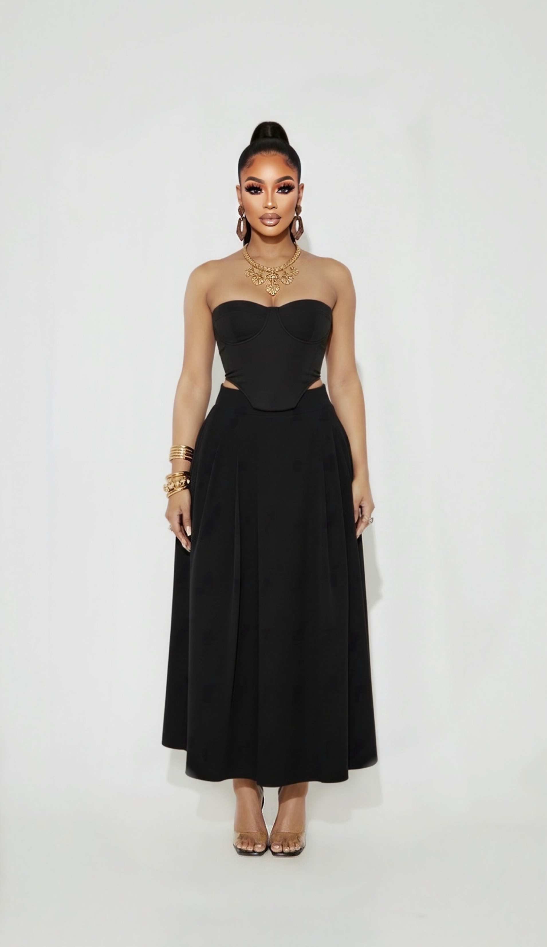 KAIRRA — High-Waist Pleated A-Line Maxi Skirt – Black