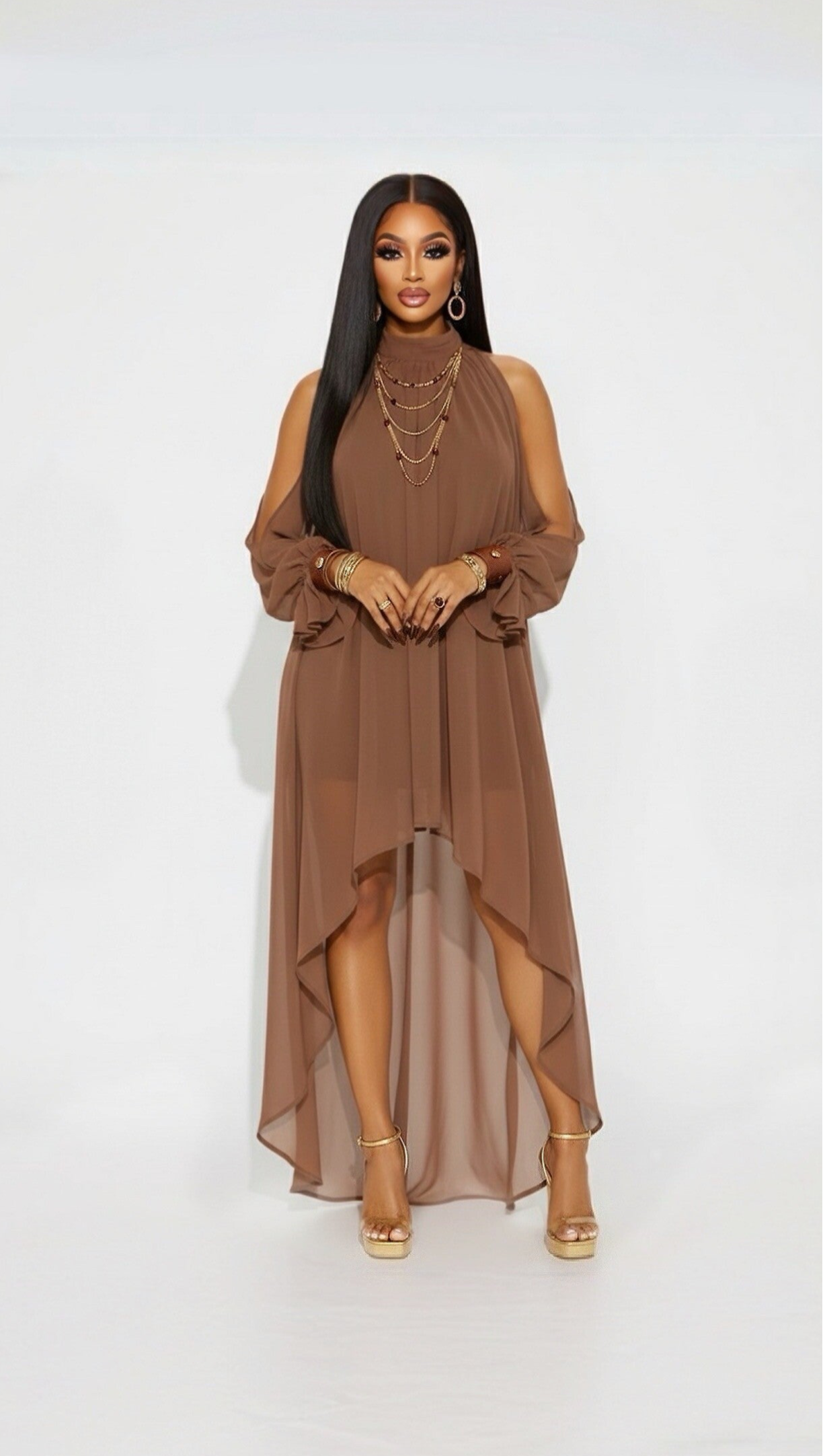 ZARELLE — Flowing High-Low Chiffon Long Sleeve Maxi Dress – Brown