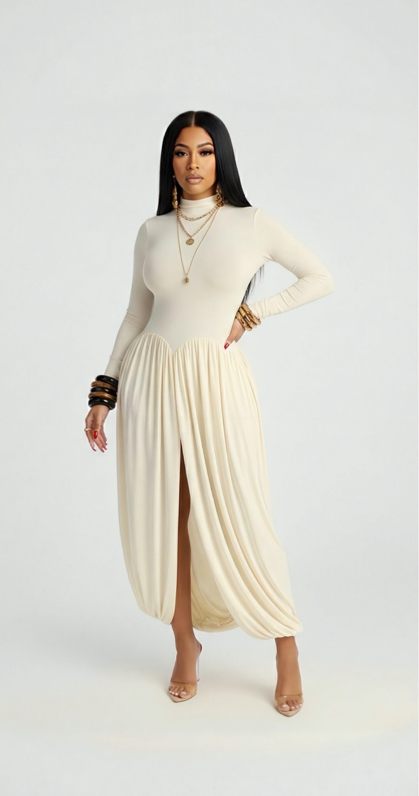 MAJESTRA – Illusion Long Sleeve Maxi Sweater Dress (Ivory)