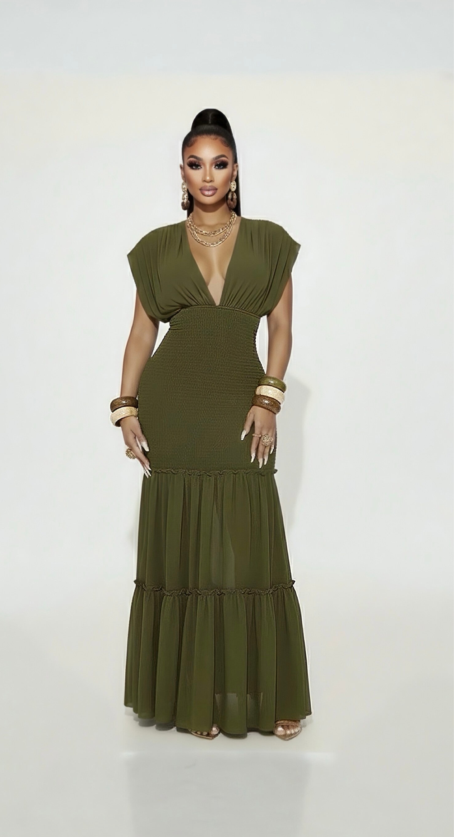 OLIVARA — Smocked Waist Tiered Chiffon Maxi Dress – Olive Green