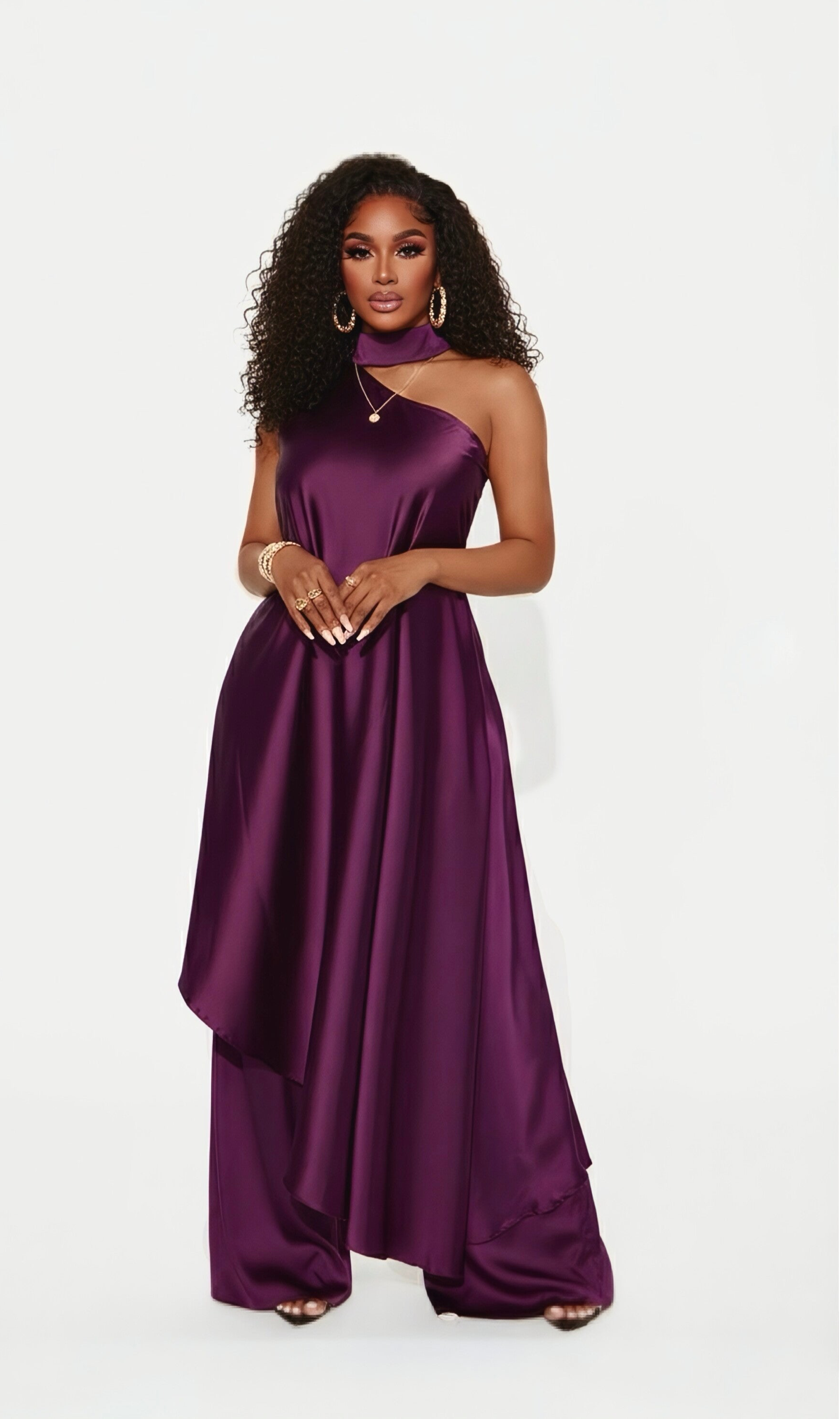 ZAFIRA — Satin one-shoulder, wide leg pants set - Eggplant Purple.