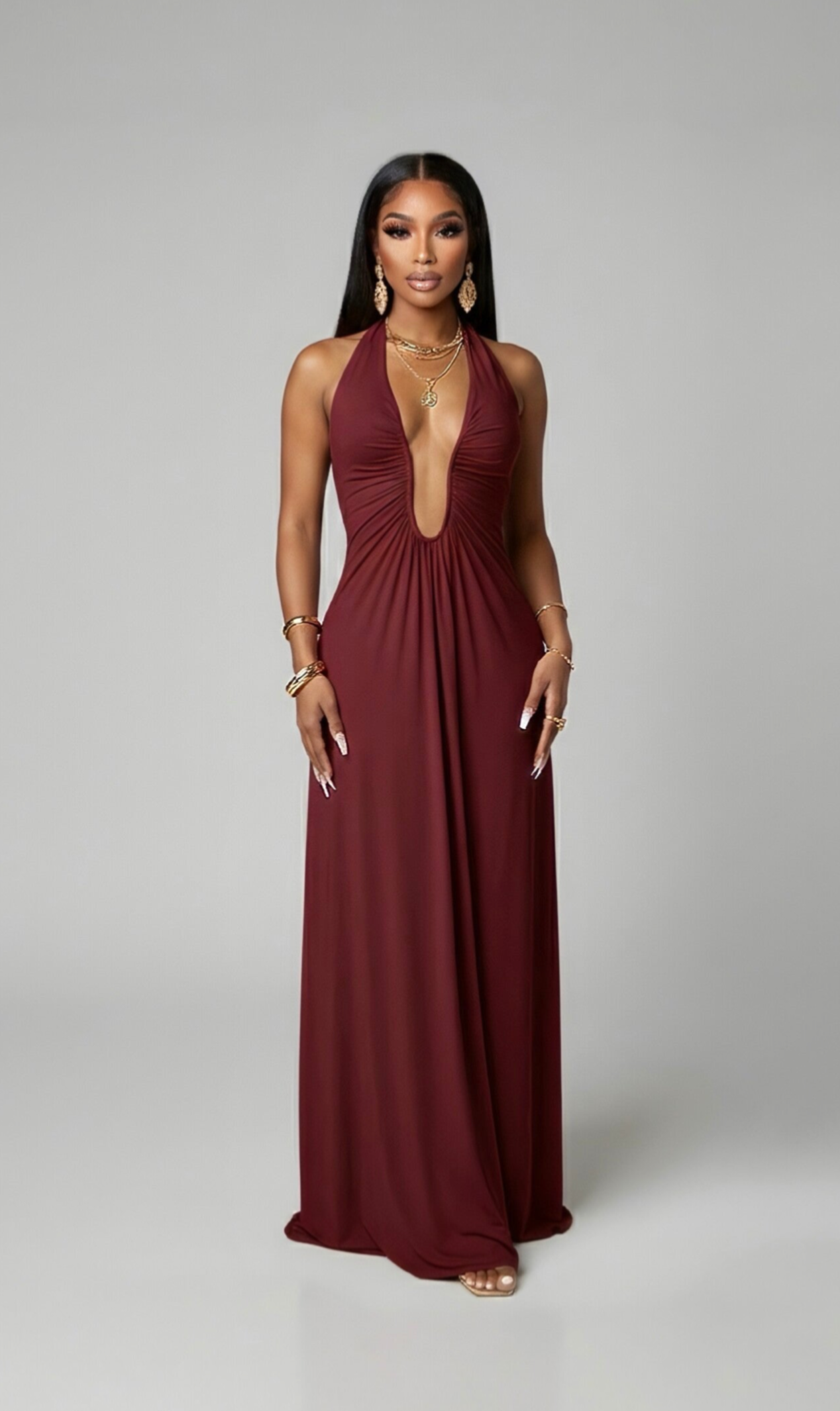 ARIA  —  Halter neck deep-plunge maxi dress - Burgundy