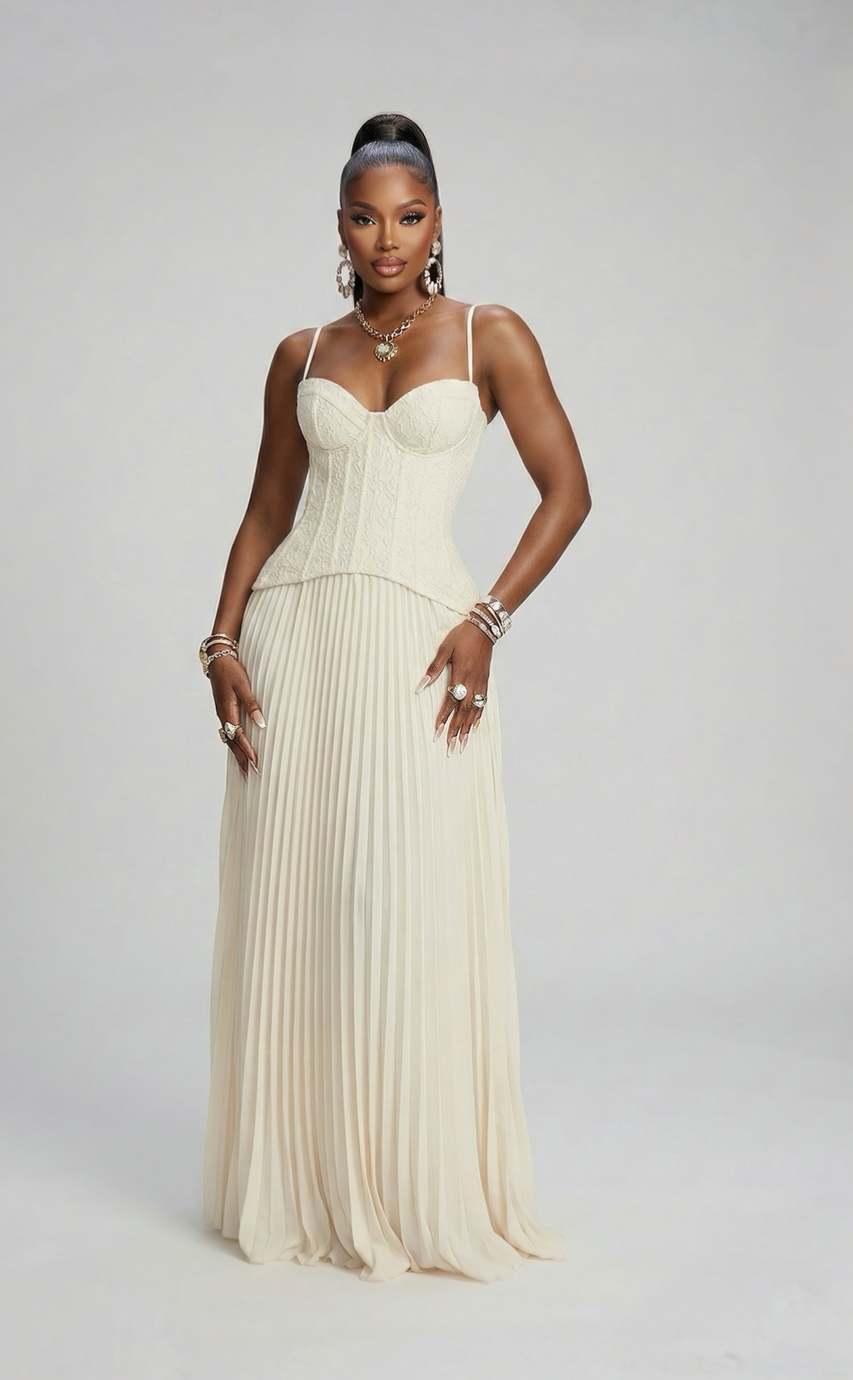 ELYSARA — Lace Corset Pleated Maxi Dress (Ivory Cream)