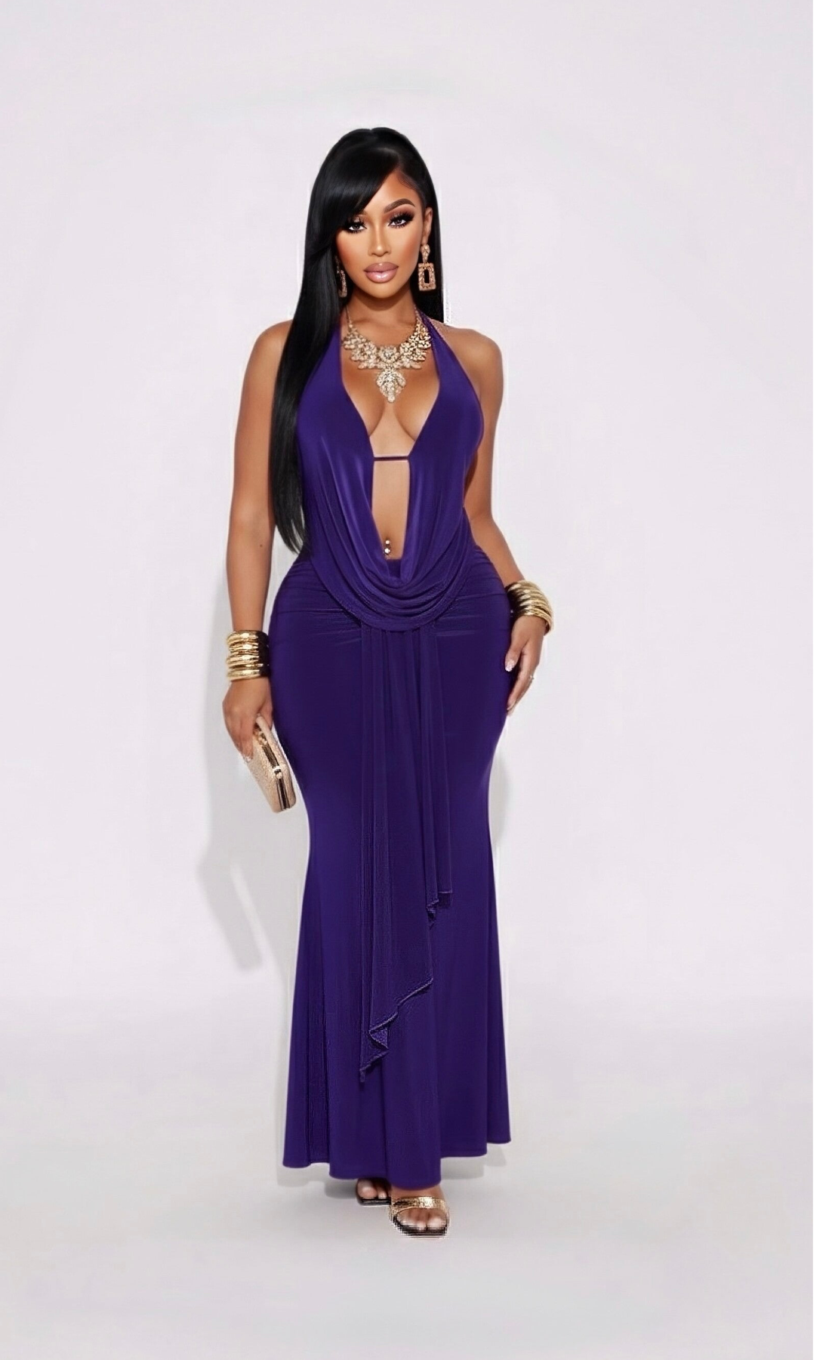 TARA —  Halter neck backless top co-ord maxi skirt set - Plum Purple
