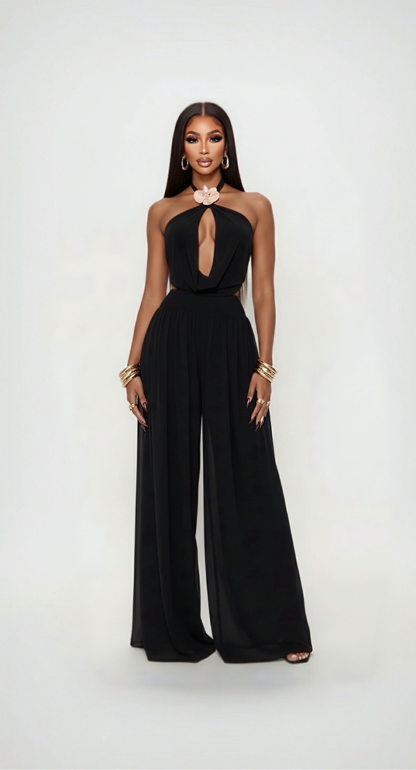 ZENAYA — Chiffon Halter Plunge Backless Top & Wide-Leg Pants Set – Black