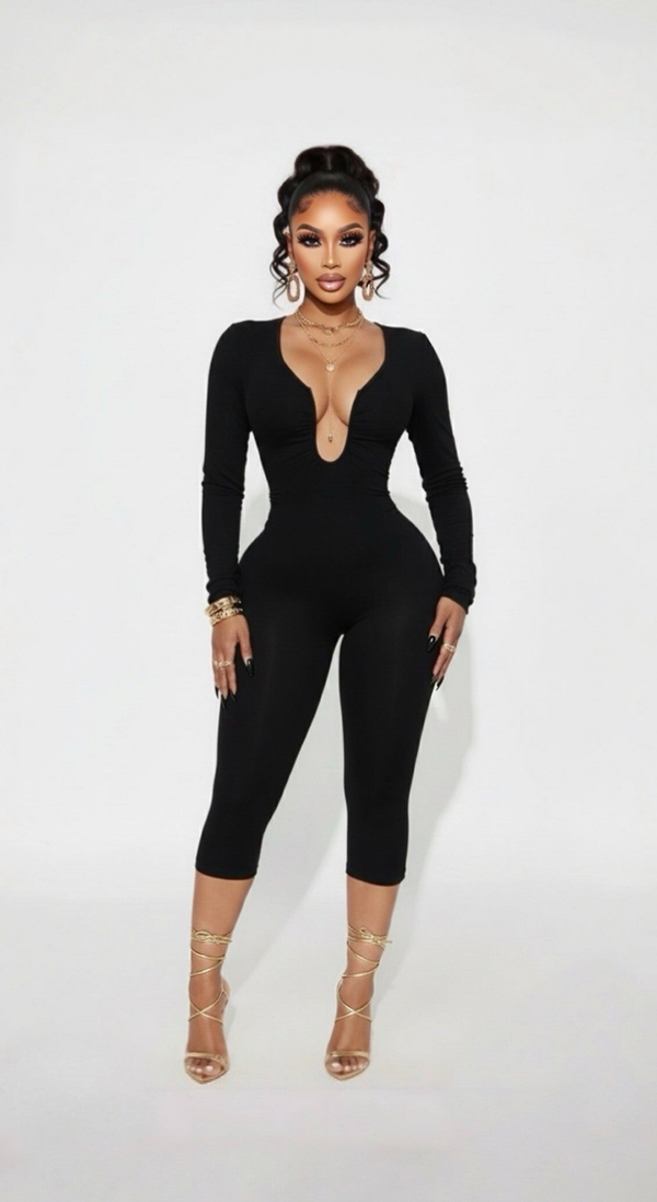 ZAVORA — Club Deep-Plunge Long-Sleeve  Sculpt Jumpsuit – Black