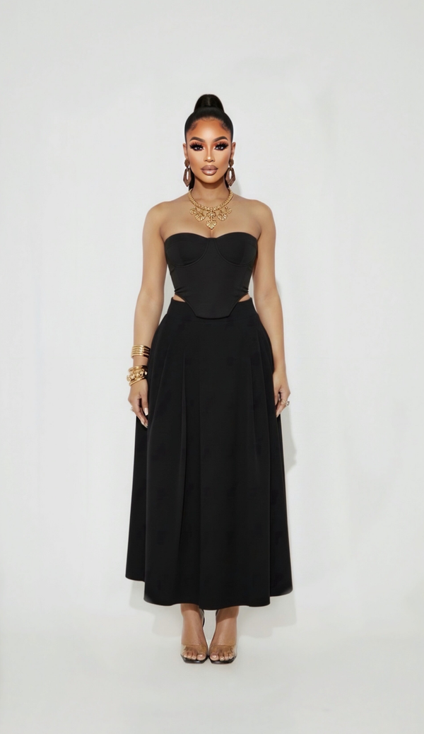 KAIRRA — High-Waist Pleated A-Line Maxi Skirt – Black