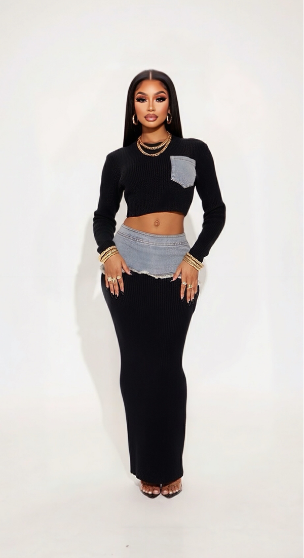 DENARA — Ribbed Knit Sweater & Denim Contrast Two-Piece Set – Black/Denim Combo