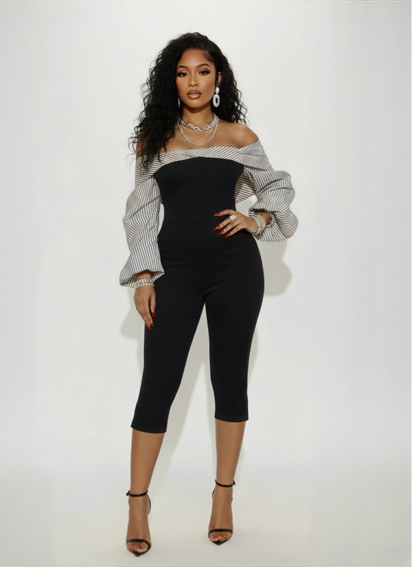 CALISTA — Off-Shoulder Striped Capri Statement Jumpsuit (Black/Combo)