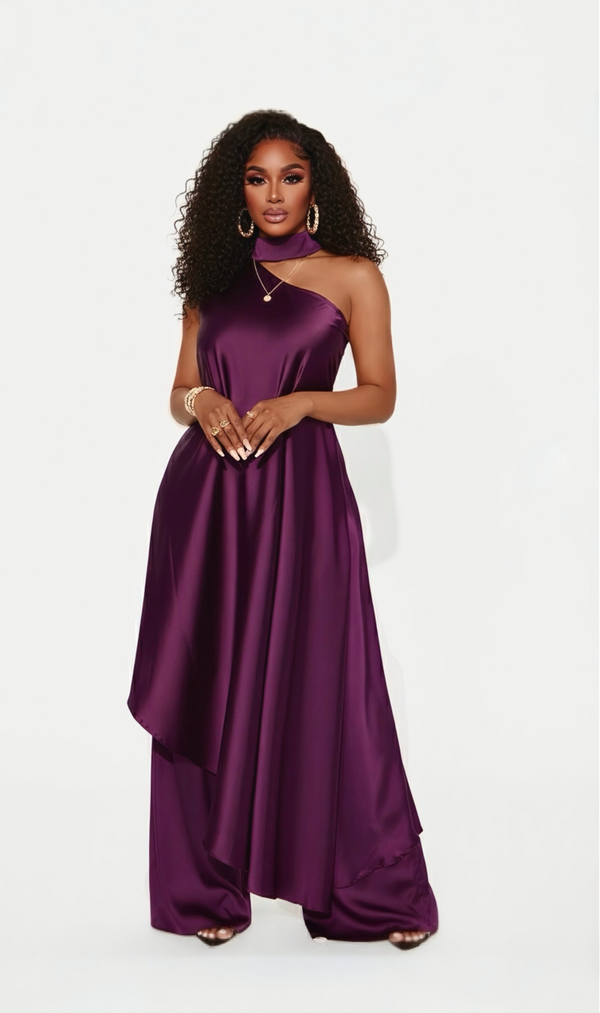 ZAFIRA — Satin one-shoulder, wide leg pants set - Eggplant Purple.