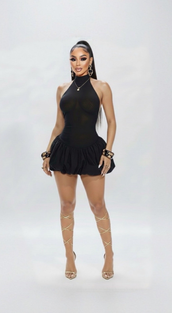 VESSA — Halter Neck Bubble Backless Mini Dress – Black