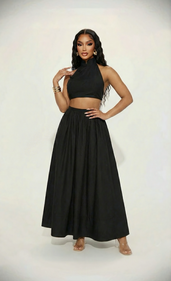 NOCTARA — Halter Open-Back Top & Flowing Maxi Skirt Set - Black