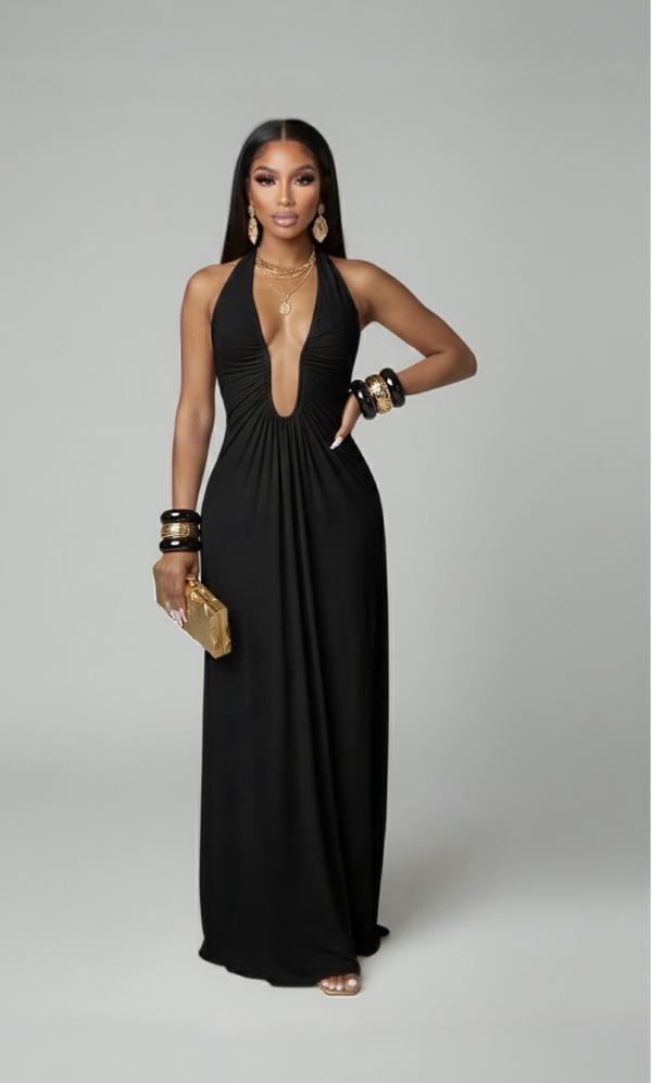 ARIA  —  Halter neck deep-plunge maxi dress - Black.