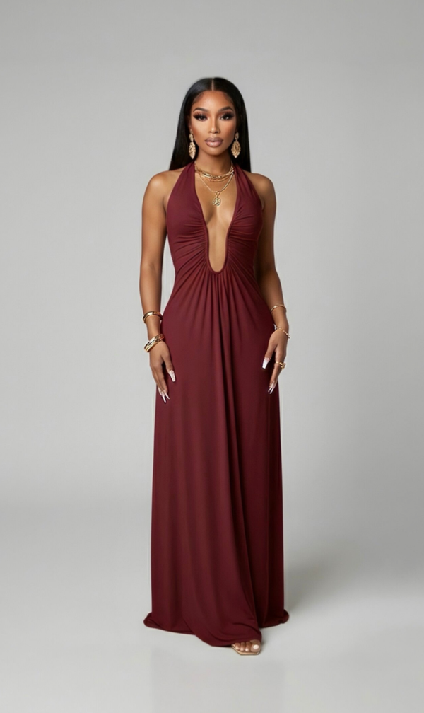 ARIA  —  Halter neck deep-plunge maxi dress - Burgundy