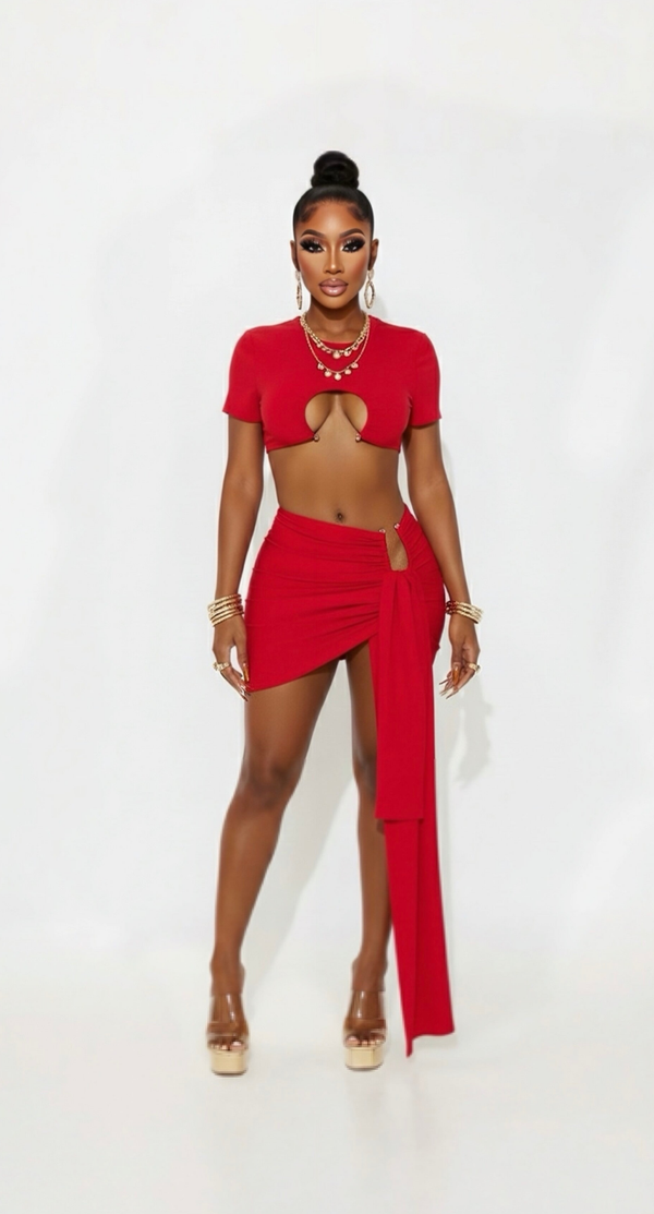 FIERRA — Cut-Out Crop Top & Draped Tie Mini Skirt Set - Red