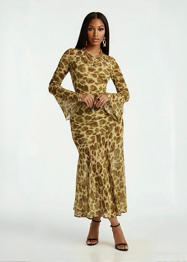 ZARIA — Leopard Mesh High-Neck Maxi Dress (Olive/Combo)
