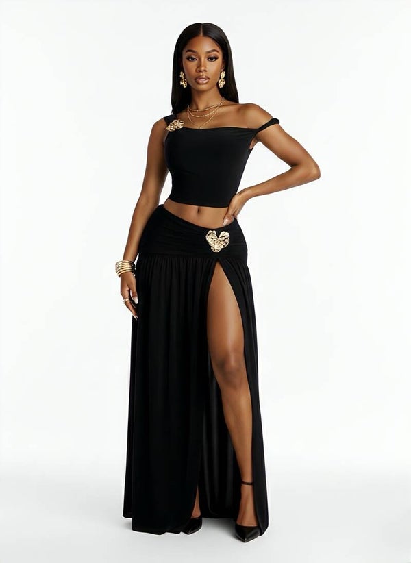 ZARETHA — Off-Shoulder Crop Top & High-Slit Maxi Skirt Set (Black)