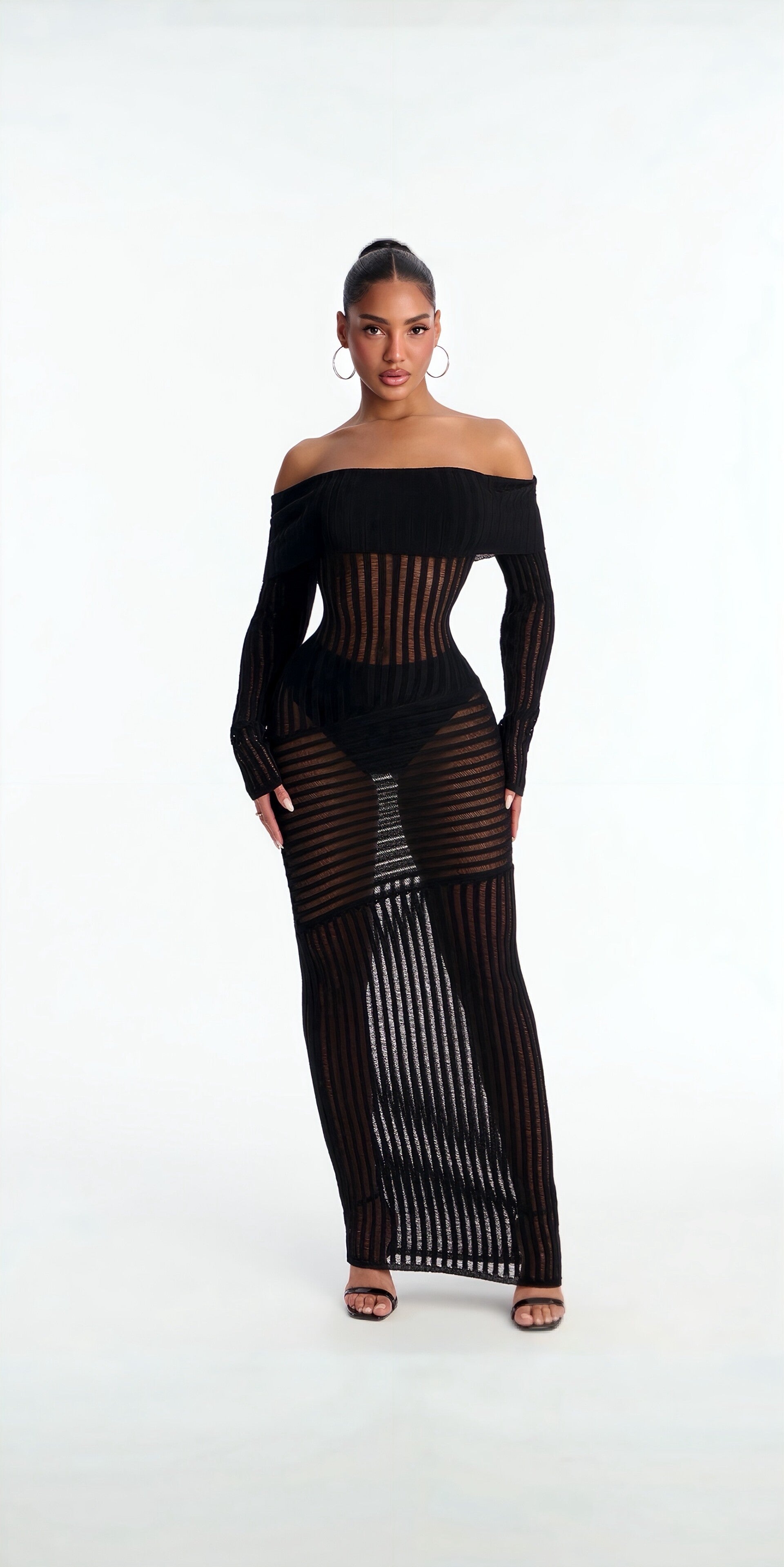 VARESSA – Off-Shoulder Sheer Knit Maxi Dress (Black