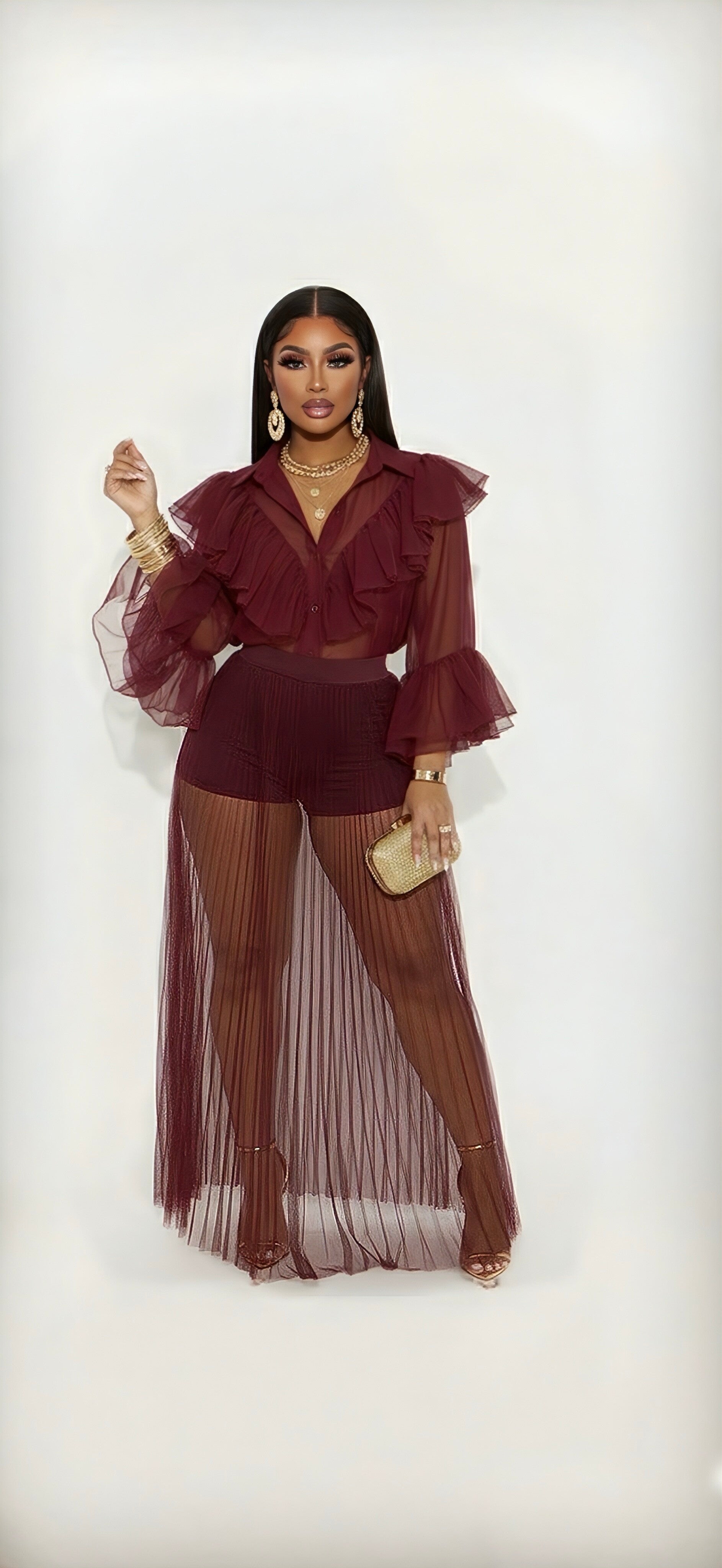 VELLORA —Mesh Tulle, Sheer Luxe Pleated Maxi Skirt - Burgundy