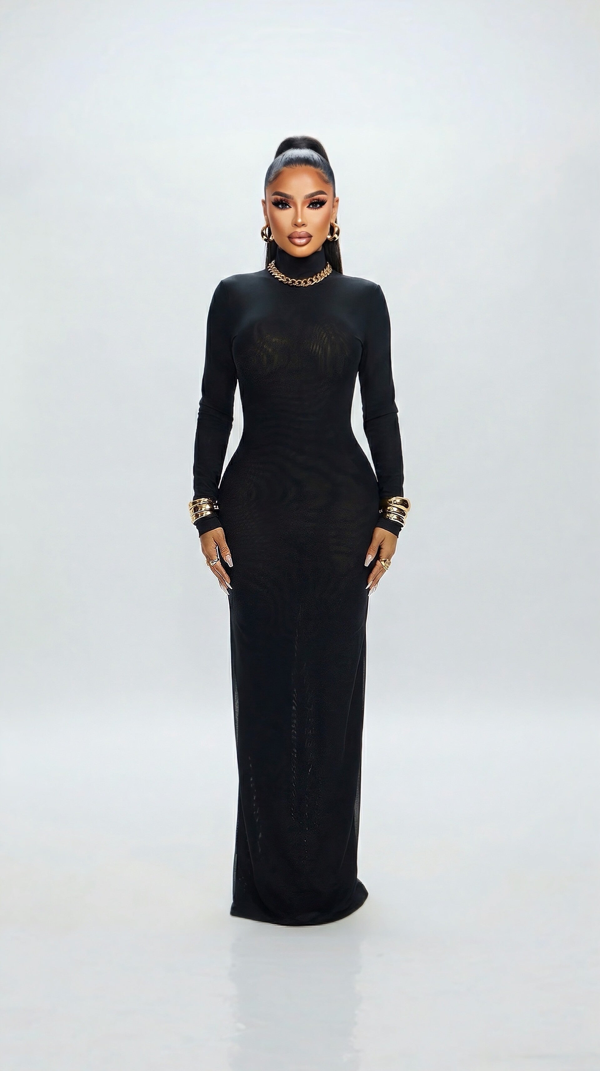 MEILIN — Long-Sleeve Sheer Power Mesh Open-Back Maxi Dress – Black