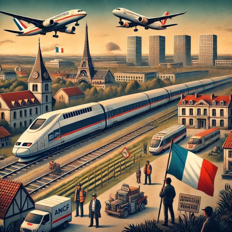 Illustration des grèves en série en France, touchant les secteurs des transports, de l'aviation et de l'agriculture. © Radio Sisko FM, illustration générée par IA.
