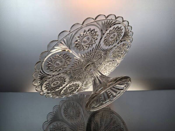 French clear glass Art Deco pastery dish on foot